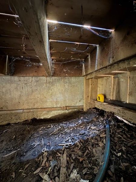 Dark unfinished crawl space with dirt floor, cobwebs, and an old pipe along the foundation wall