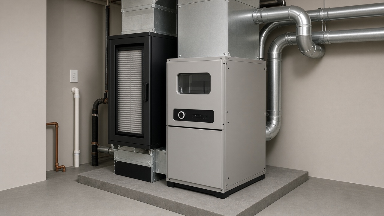 Residential high-efficiency furnace and ductwork in a utility room