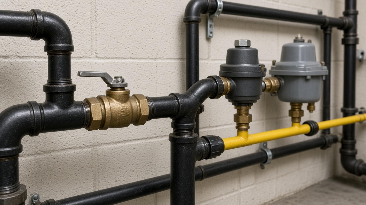 Commercial gas piping, valves, and a regulator in a mechanical room